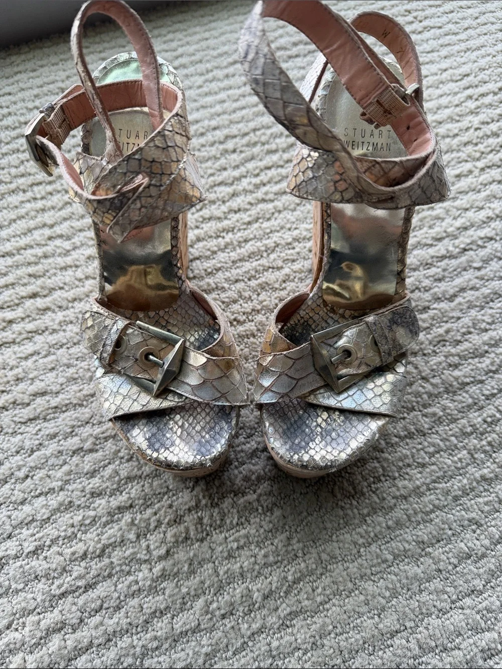 Stuart Weitzman Metallic Snake-Print Cork Wedge Sandals